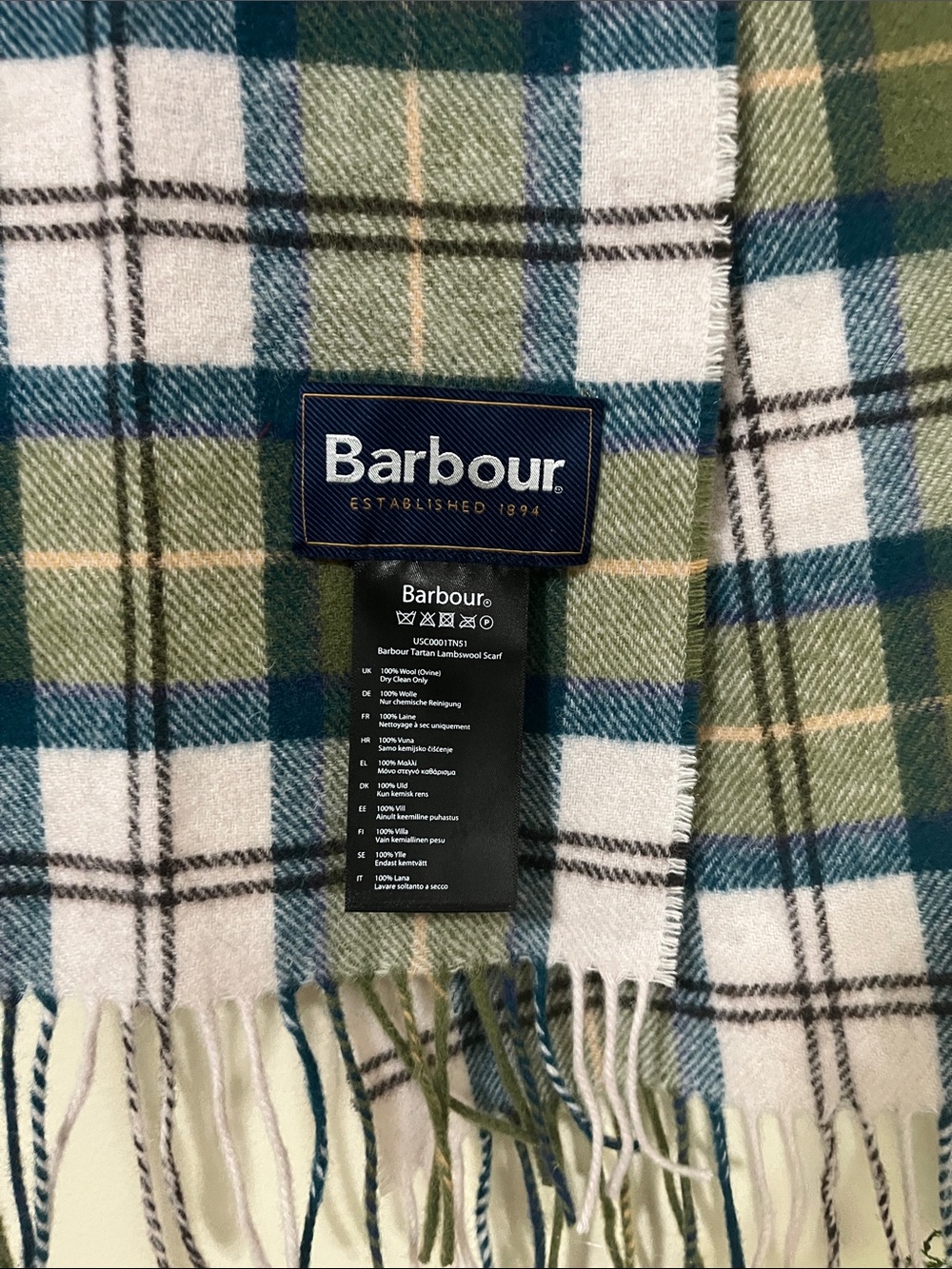 Barbour Tartan LambsWool Olive and Blue Plaid Scarf - Picture 4 of 5